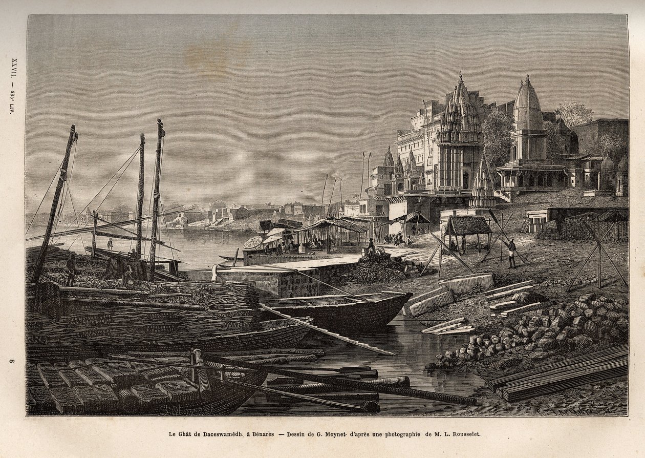 Der Ghat von Benares (heutiges Varanasi) (Ghat bezeichnet die Stufen, die die Ufer der Flüsse und die Ufer der Becken und Reservoirs bedecken, die den Kontakt mit Wasser ermöglichen), graviert nach der Zeichnung von G. Moynet, zur Illustration der Reise t von French School