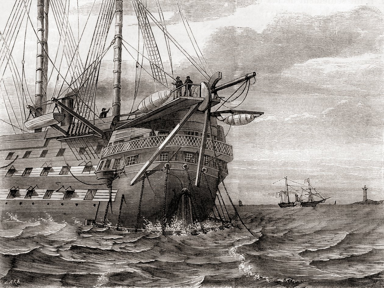 Die HMS Agamemnon bei der Verlegung des transatlantischen Telegraphenkabels, 2. August von French School