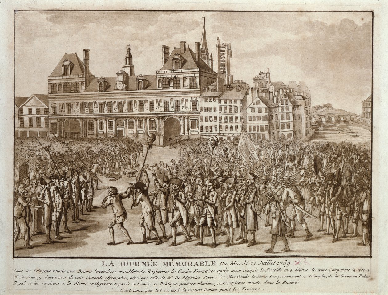 Die Köpfe von Launay und Flesselles vor dem Hôtel de Ville, 14. Juli 1789 von French School