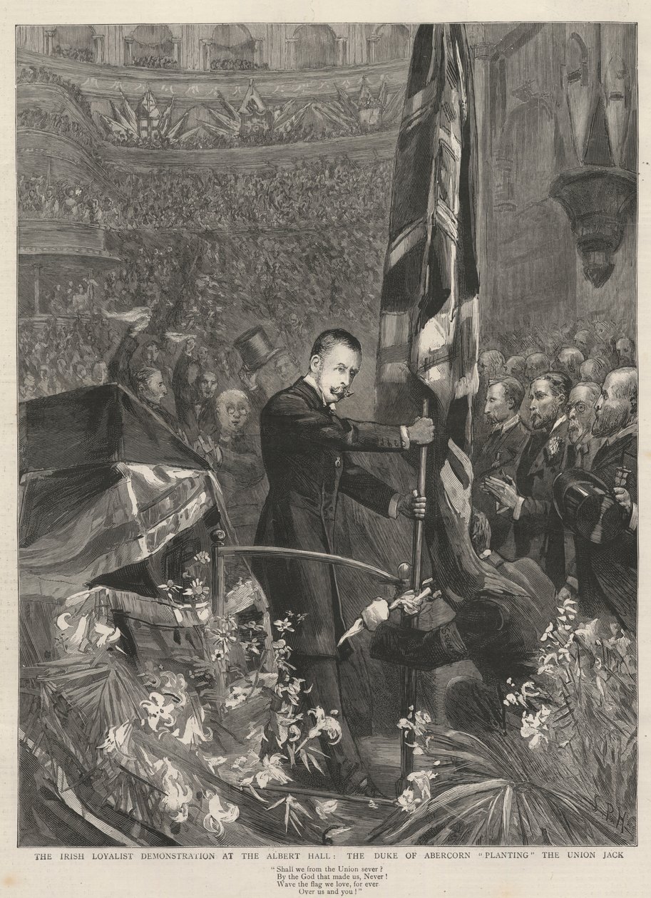 Die Demonstration der irischen Loyalisten in der Albert Hall, London, 1893: Der Herzog von Abercorn (James Hamilton) (1811-1885) pflanzt den Union Jack von French School