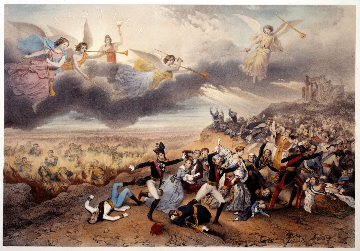 Das Jüngste Gericht. Die Engel der Apokalypse blasen die Trompeten und verkünden das Jüngste Gericht vor den Monarchen und anderen Protagonisten der französischen Geschichte. Napoleon I und Vertreter des Ancien Régime brennen in den Flammen der Hölle. Illu von French School