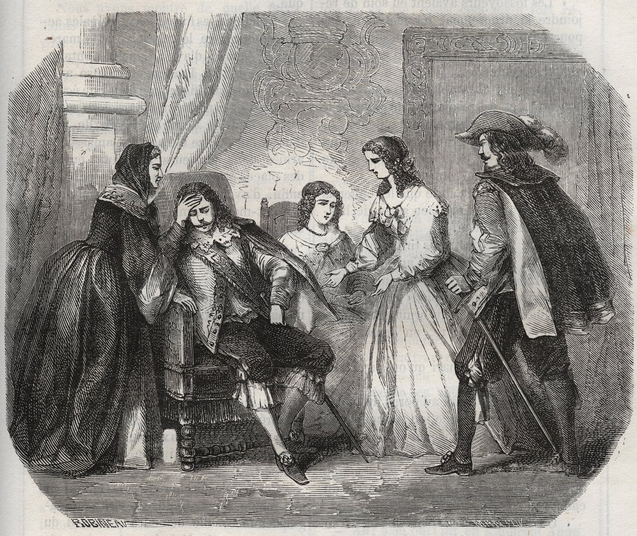 Der König von Frankreich Ludwig XIII. (1601-1643) wird von Migräne geplagt, als er mit Königin Anna von Österreich (1601-1666) spricht. Gravur von 1871 in „Histoire Des Cocus Celebres“ von Henry de Kock (1819-1892) von French School