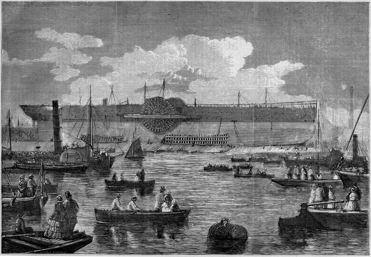 Der „Leviathan“ (Great Eastern), der erste Riesenliner, während seines Versuchsstarts im Jahr 1857. Gravur in „Le Monde Illustré“ Nr. 31 vom 14. November 1857. von French School