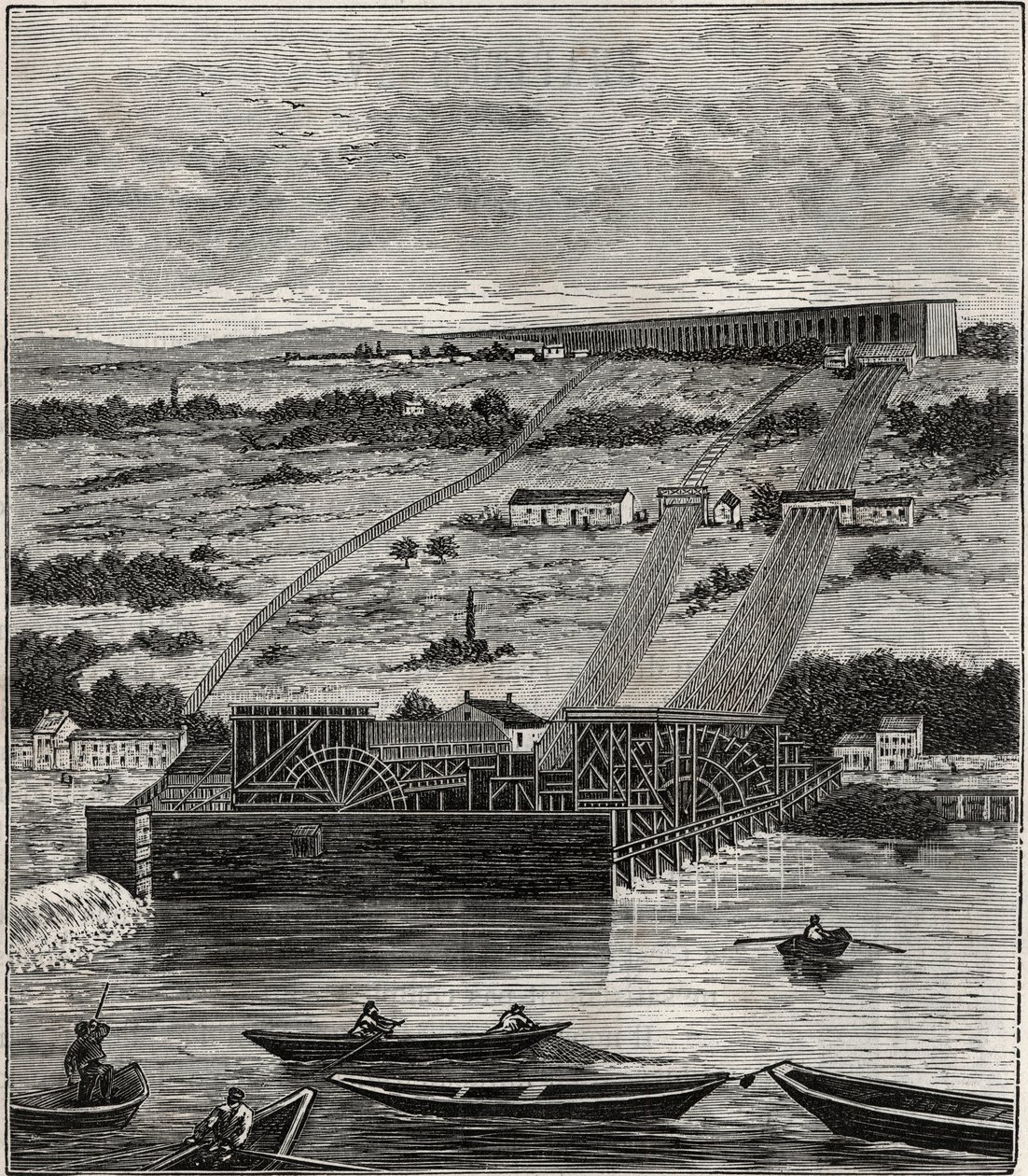 Die Maschine von Marly - Ansicht der Maschine des Aquädukts von Marly, installiert in Bougival - Der Aquädukt von Louveciennes (oder Marly) zur Versorgung von Versailles und dem Schloss von Marly mit Wasser - Gravur in "Sciences put at the disposal of all  von French School
