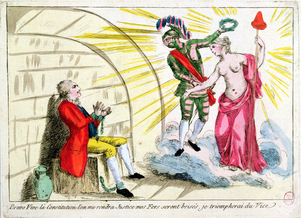 Der Mann mit der eisernen Maske, befreit durch die Revolution, allegorische Darstellung der französischen Verfassung von French School