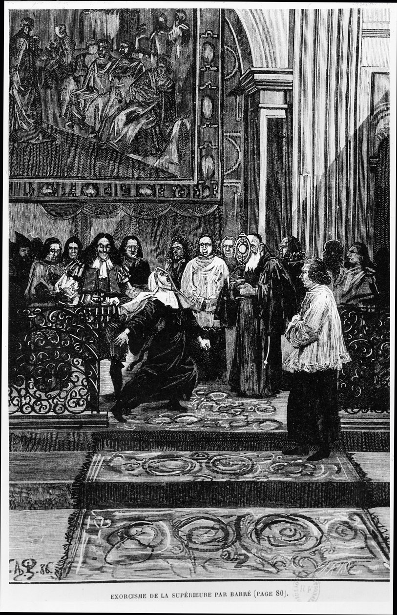 Die Mutter Oberin wird von Barre exorziert, Illustration für die Besessenen von Loudun in Les Mysteres de la Science von Louis Figuier, 1886 von French School