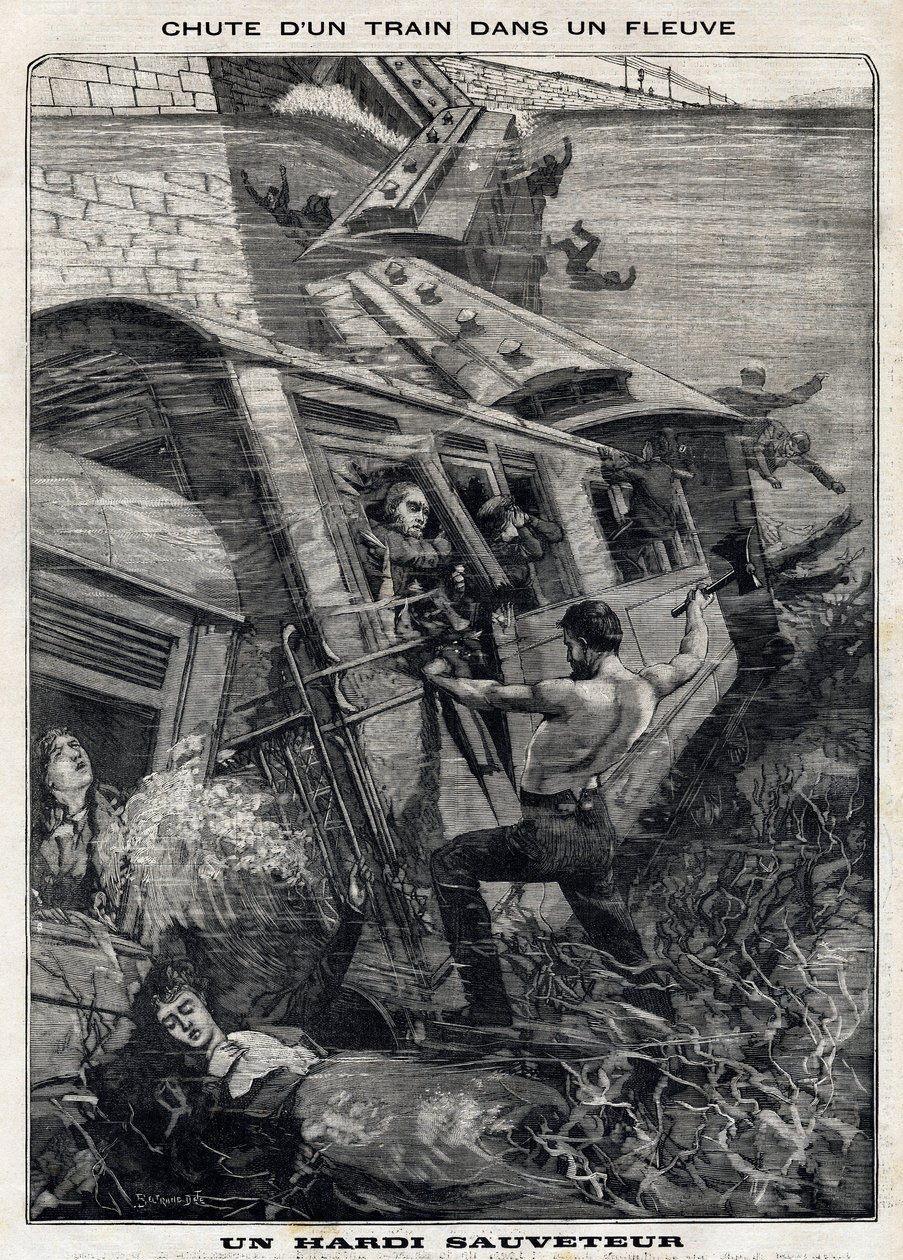 Der New York Buffalo Zug stürzt in einen Fluss in den USA: Ein Mann versucht, Passagiere vor dem Ertrinken zu retten. In Le Petit Parisien am 7.11.1897. Private Sammlung von French School