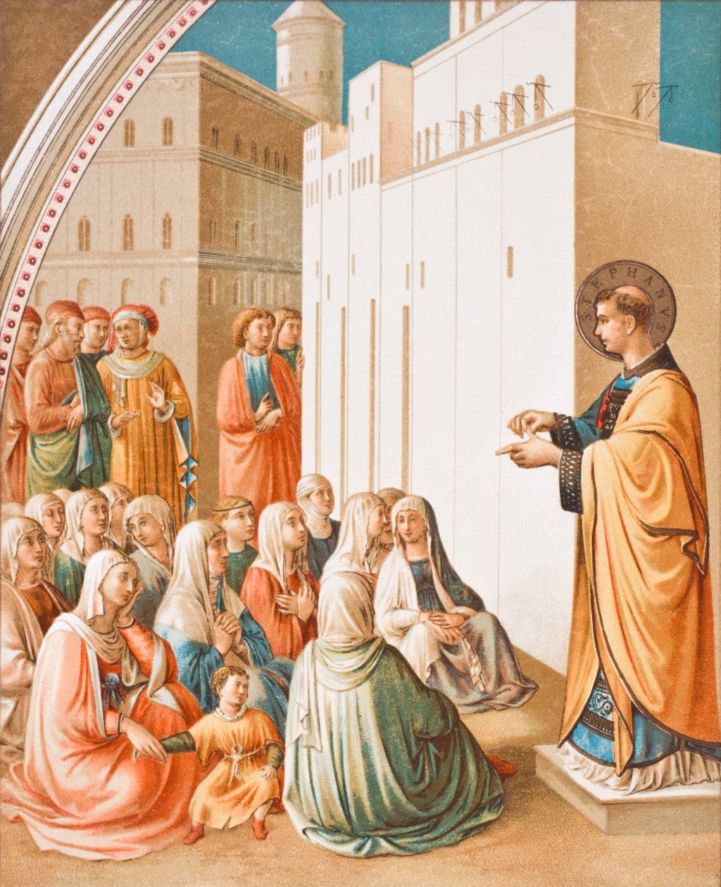 Die Predigt des Heiligen Stephanus, nach dem Fresko von Fra Angelico, aus Wissenschaft und Literatur im Mittelalter von Paul Lacroix, veröffentlicht in London 1878 von French School