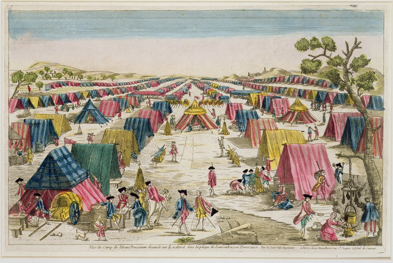 Das preußische Armeelager, nach dem Leben auf den Feldern in Pommern gezeichnet, graviert von Vale, um 1750 von French School