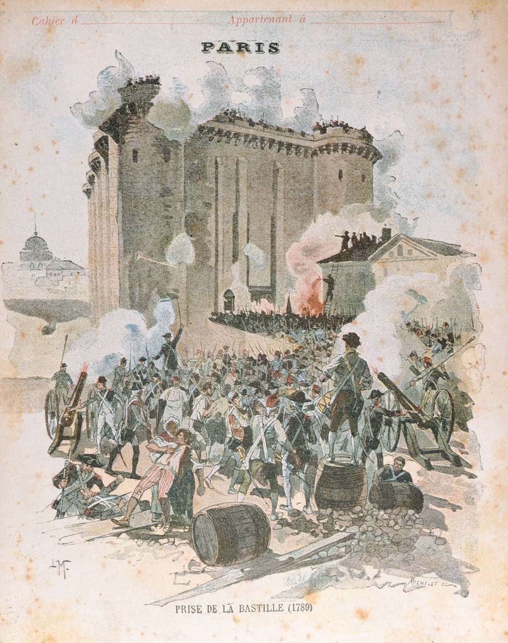 Die Belagerung und Eroberung der Bastille am 14. Juli 1789, Titelillustration eines Schulheftes, ca. 1889 von French School