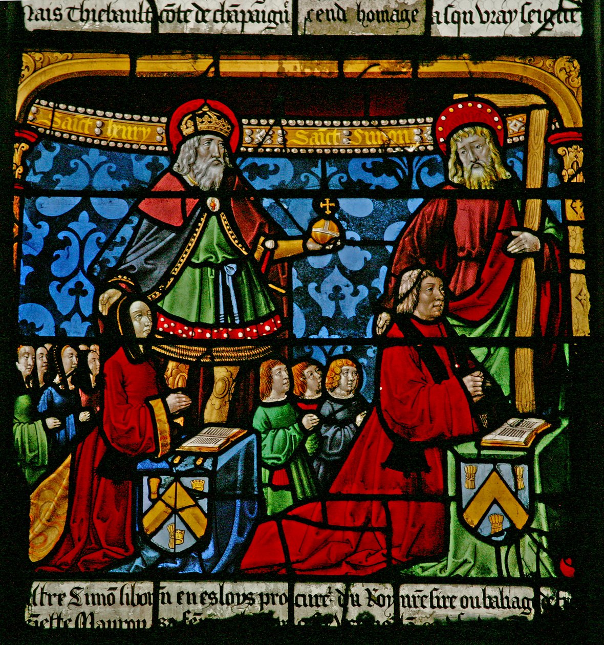 Das Fenster des Heiligen Ludwig: Die Stifter Henriette de Mauroy und Simon Liboron sind mit ihren Schutzheiligen St. Heinrich und Simon von Kyrene zu sehen von French School