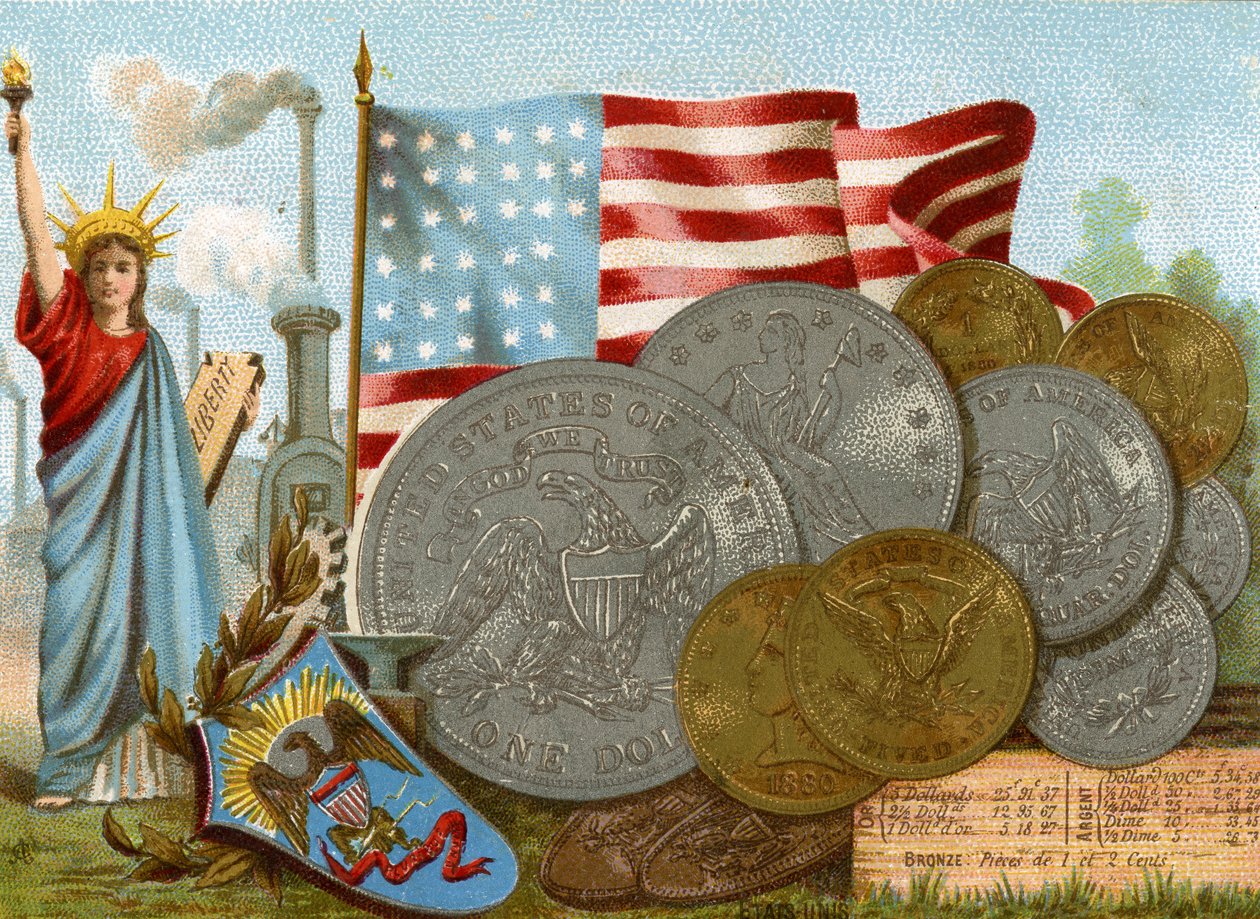 Die Freiheitsstatue neben einem Fabrikschornstein, der amerikanischen Flagge und einer Ausstellung von Dollars, ca. 1890 von French School