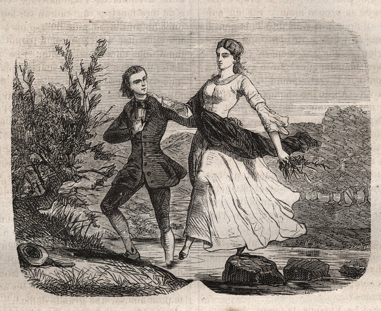 Der Schweizer Philosoph Jean Jacques (Jean-Jacques) Rousseau (1712-1778) half Mademoiselle Galley, einen Bach zu überqueren. Gravur von 1871 in „Histoire Des Cocus Celebres“ von Henry de Kock (1819-1892) von French School