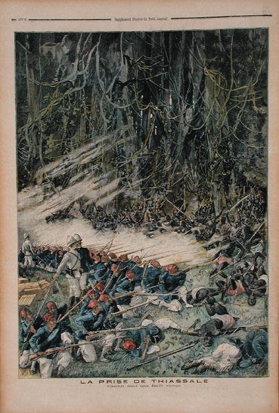 Die Einnahme von Thiassale, die Schlacht im unberührten Regenwald, Illustration aus Le Petit Journal, 26. August 1893 von French School