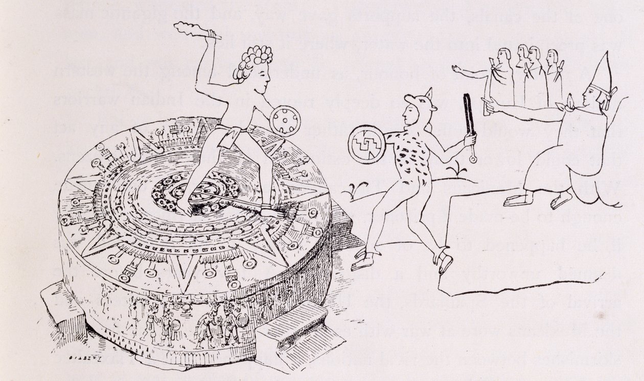 Der Temalacati oder Gladiatorenstein, aus dem Codex Ramirez, aus 