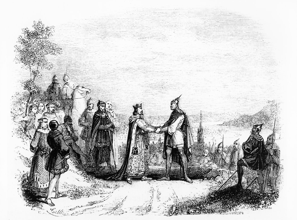 Der Vertrag von Saint Clair-sur-Epte zwischen Karl III. dem Einfältigen und Rollo dem Wikinger, 911 von French School