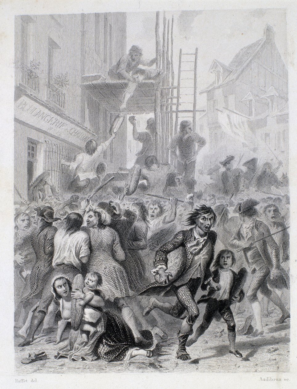 Der Mehlkrieg: Aufruhr vor einer Bäckerei im Mai 1775 (erste Früchte der Französischen Revolution) von French School