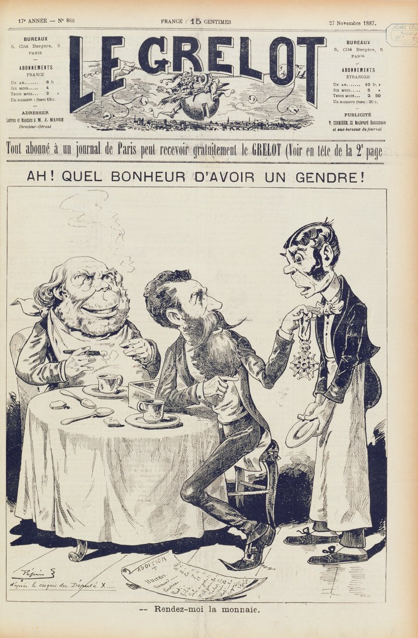 Die Wilson-Affäre, Titelseite von Le Grelot, 27. November 1887 von French School