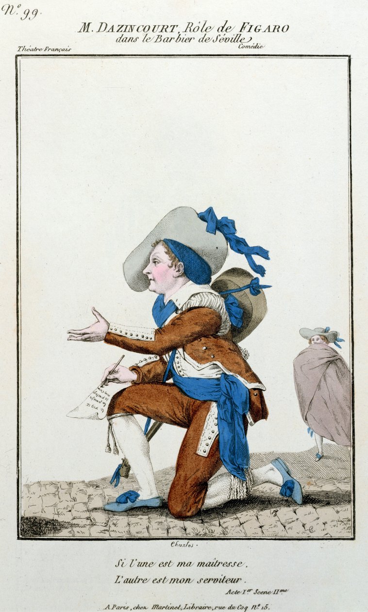 Der Schauspieler Dazincourt im Théâtre Français in der Rolle des Figaro in Der Barbier von Sevilla von Pierre Augustin Caron de Beaumarchais (1732-1799) von French School