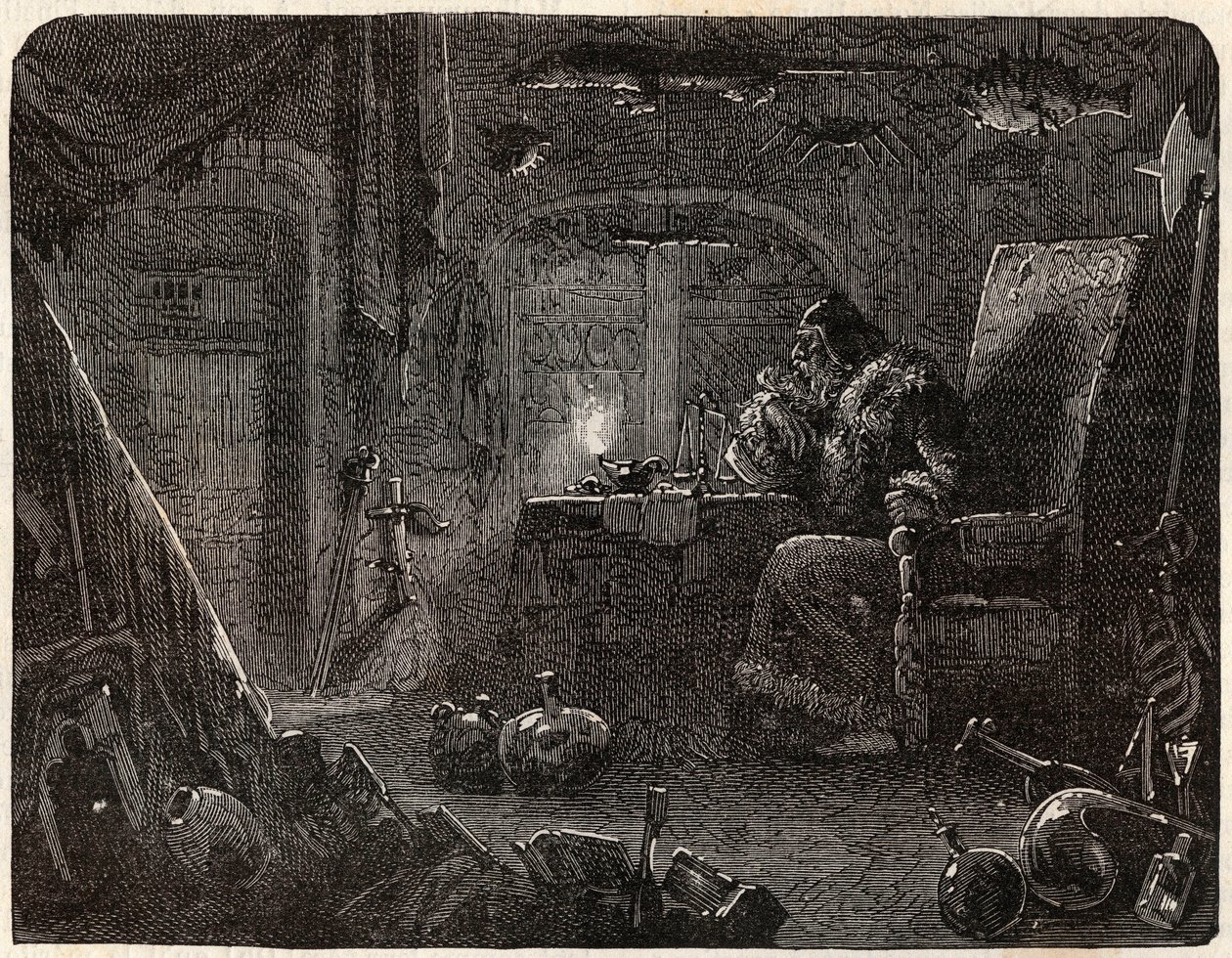 Der Alchemist, der versprach, Gold zu machen, arbeitet in seinem Labor: der Alchemist im 17. Jahrhundert - in „Paris a travers les siecles“ von Nicolas Jules Henri Gourdon de Genouillac von French School