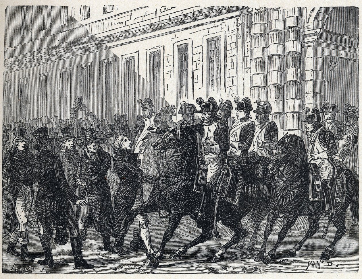 Die Armee zerstreut die Abgeordneten während des Staatsstreichs, der von der Mehrheit des Exekutivdirektoriums gegen die Royalisten der Räte der Alten und der Fünfhundert am 4. September organisiert wurde. von French School
