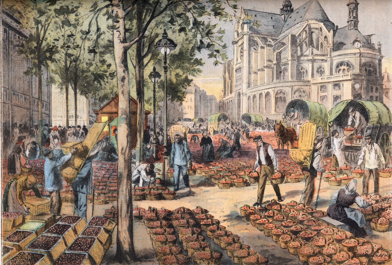 Die Ankunft der Erdbeeren auf dem Fliesenboden der Hallen hinter der Kirche Saint Eustache, aus der Zeitung "Le Petit Parisien" von French School