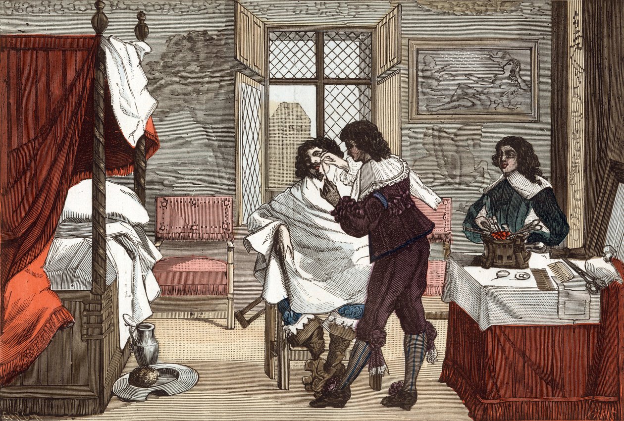 Der Barbier, Frankreich, Gravur von Abraham Bosse, ca. 1640, Gravur aus "Paris durch die Jahrhunderte" Band V von French School