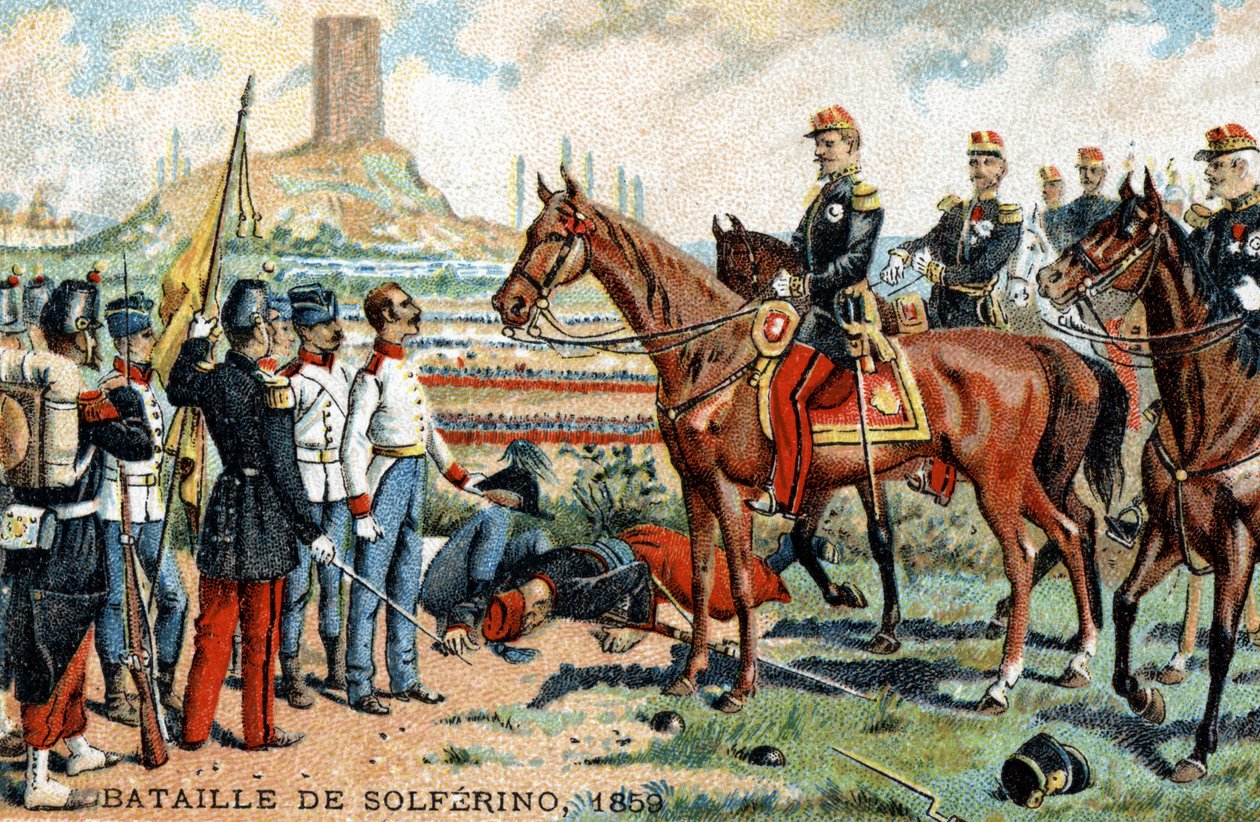 Die Schlacht von Solferino (Italien) zwischen den französisch-sardischen (Siegern) und österreichischen (Besiegten) Armeen im Jahr 1859. Chromolithographie des 19. Jahrhunderts von French School