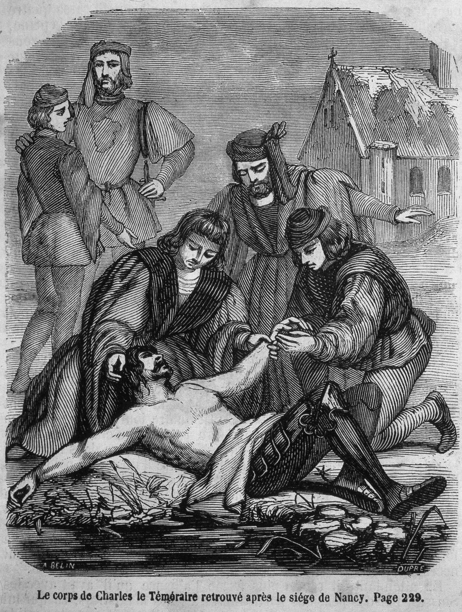 Der Leichnam von Karl dem Kühnen (1433 - 1477) nach der Belagerung von Nancy gefunden - in „Histoire de France“ von L.-P. Anquetil von French School