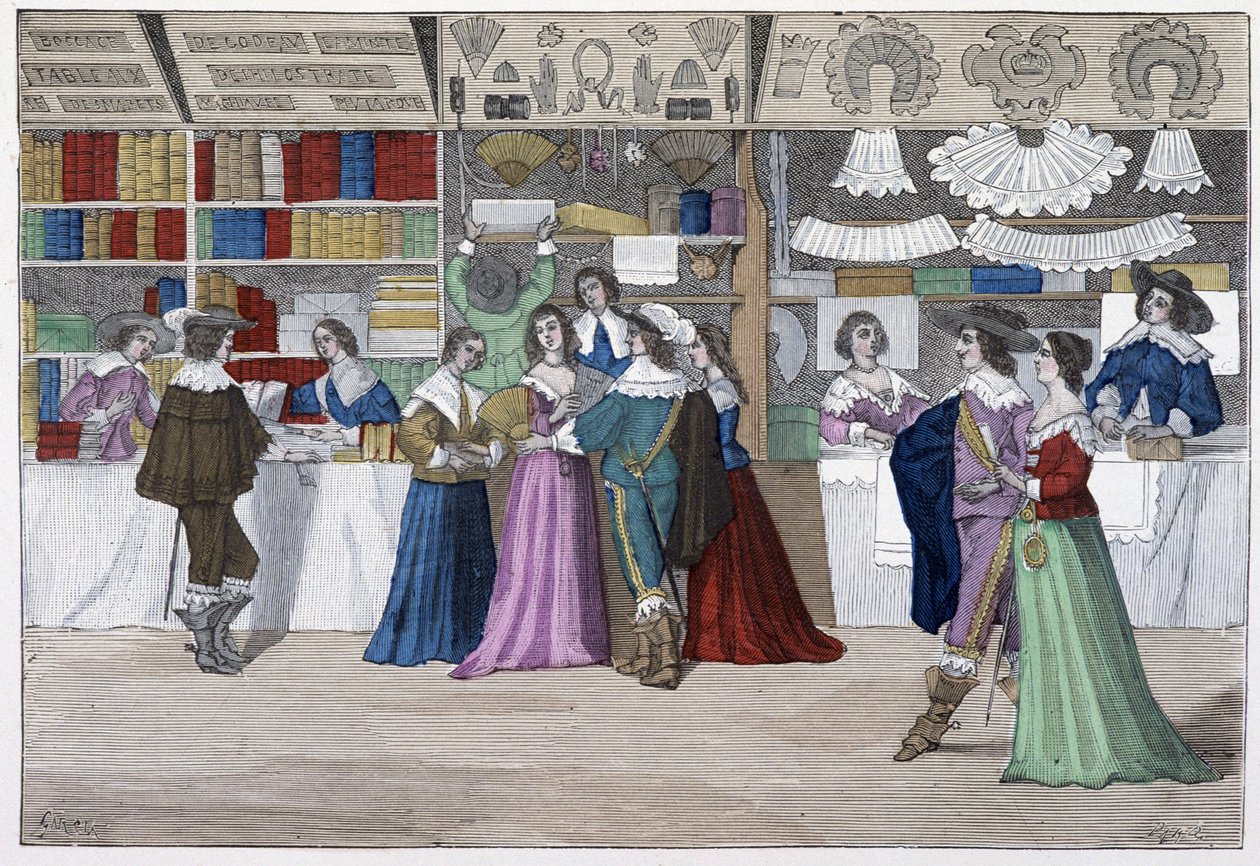 Die Boutiquen der Galerie des Gerichtsgebäudes unter Ludwig XIII. - in „Paris durch die Jahrhunderte“ von French School