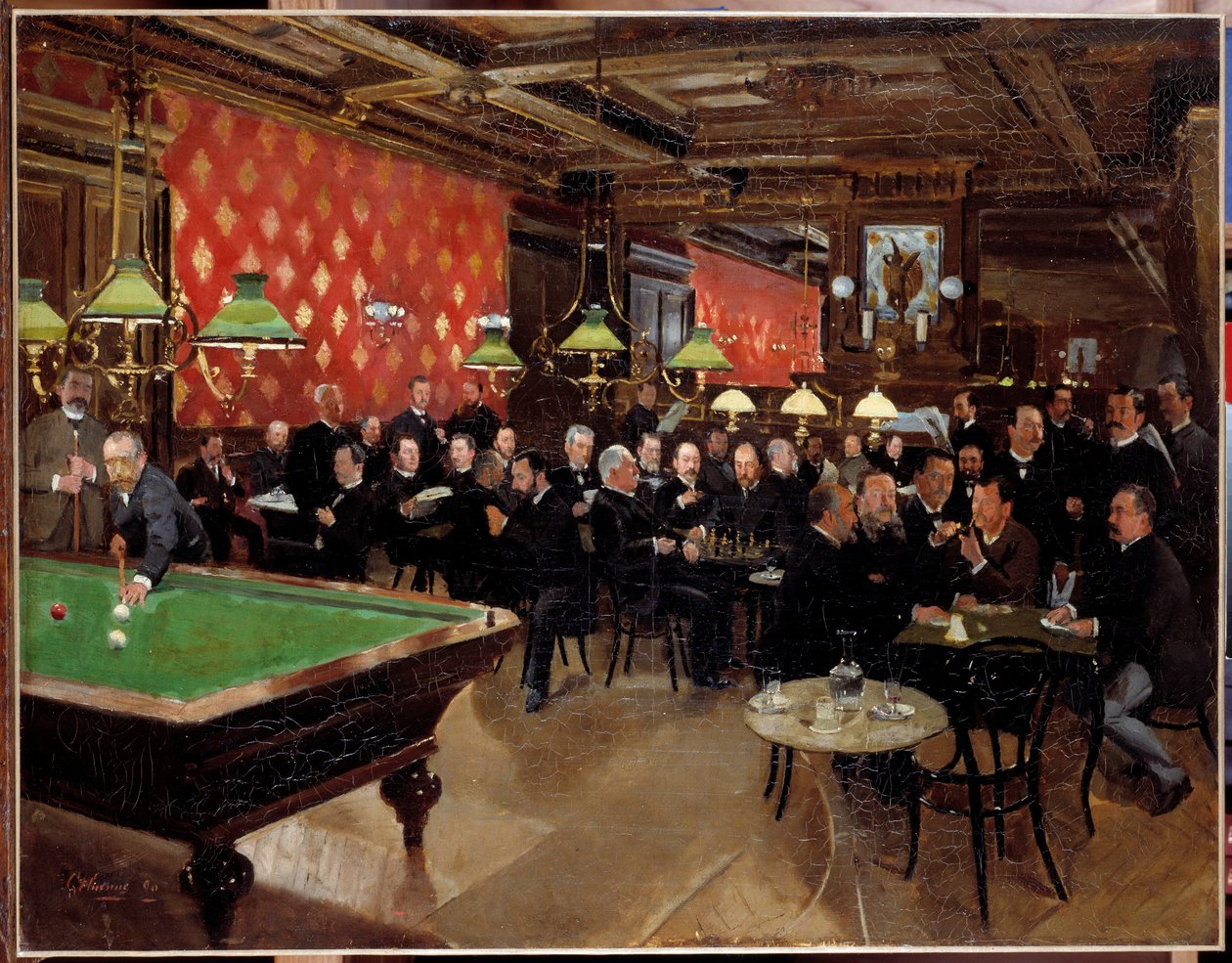 Der Kreis der republikanischen Union: Mitglieder der republikanischen Union treffen sich im Café, um zu plaudern und Billard zu spielen zur Zeit der 3. Republik. Anonymes Gemälde von French School
