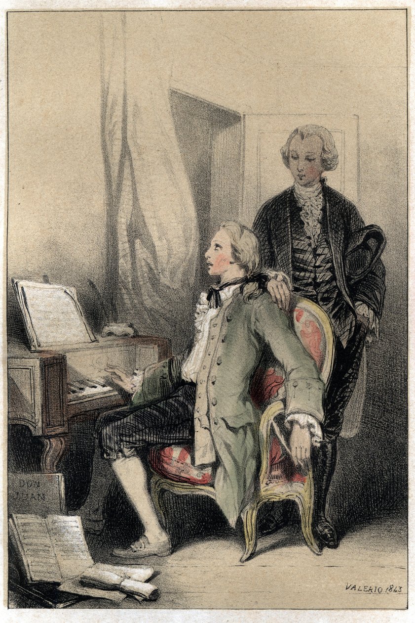 Der Komponist Wolfgang Amadeus Mozart (1756-1791) komponiert das Requiem. Platte aus „Scenes de la vie des hommes famous“ Gravur in zwei Farben von Valerio. 1843 von French School