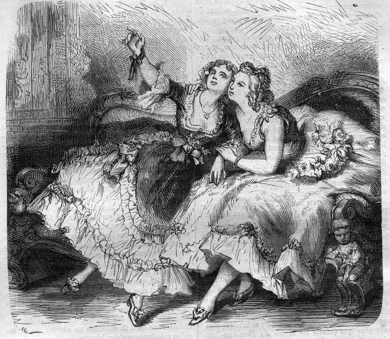 Die Töchter des „Harems“ des Königs von Frankreich Ludwig XV. genannt der Vielgeliebte (1710-1774). Gravur in „Histoire des Papes-Rois-Queen und Empereurs à travers les siècles“ von Maurice Lachatre von French School