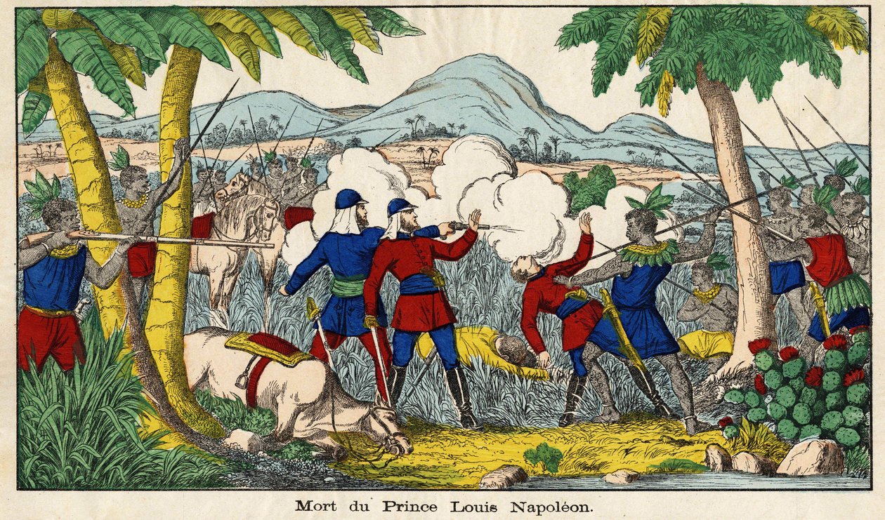 Der Tod von Prinz Eugen Louis Napoleon am 1. Juni 1879, kaiserlicher Prinz (23 Jahre alt), einziger Sohn des ehemaligen Kaisers Napoleon III. und seiner Frau. Epinal-Bild 19. Jahrhundert von French School
