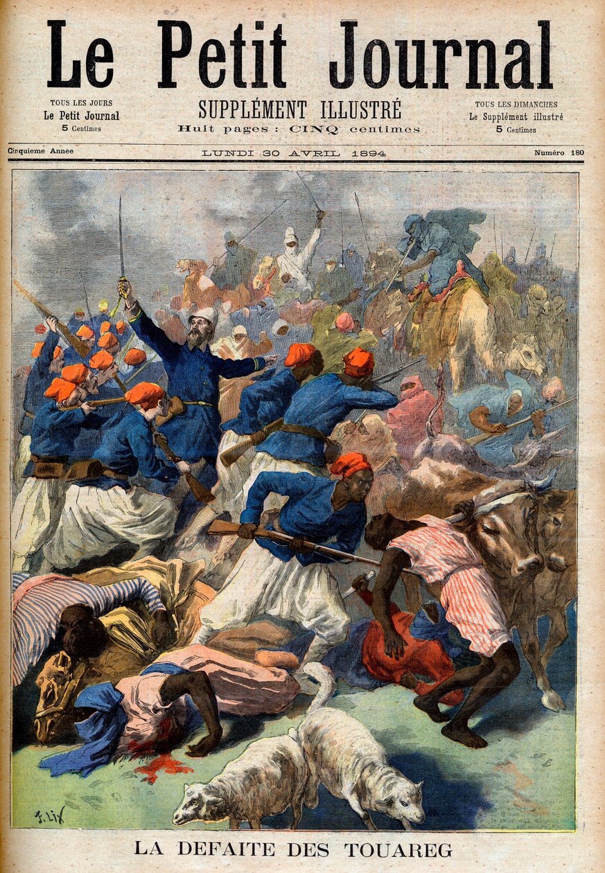 Die Niederlage der Tuareg. Französische Kolonialtruppen unter dem Kommando von Oberstleutnant Joseph Joffre (1852-1931) - Die Niederlage der Tuareg. Illustration für Le Petit Journal, 30. April 1894 (Gravur). von French School