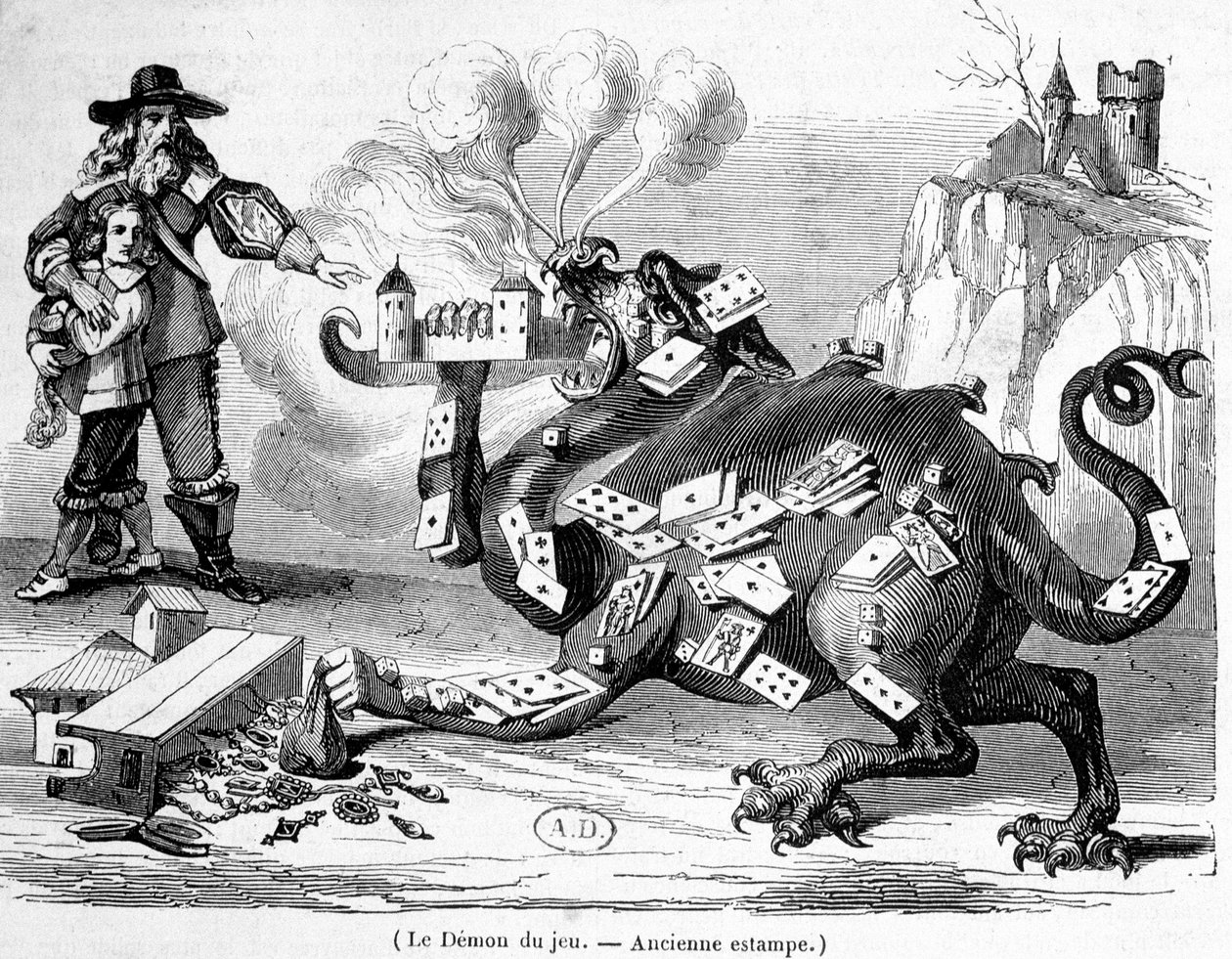 Der Dämon des Spiels - Französische allegorische Gravur von French School