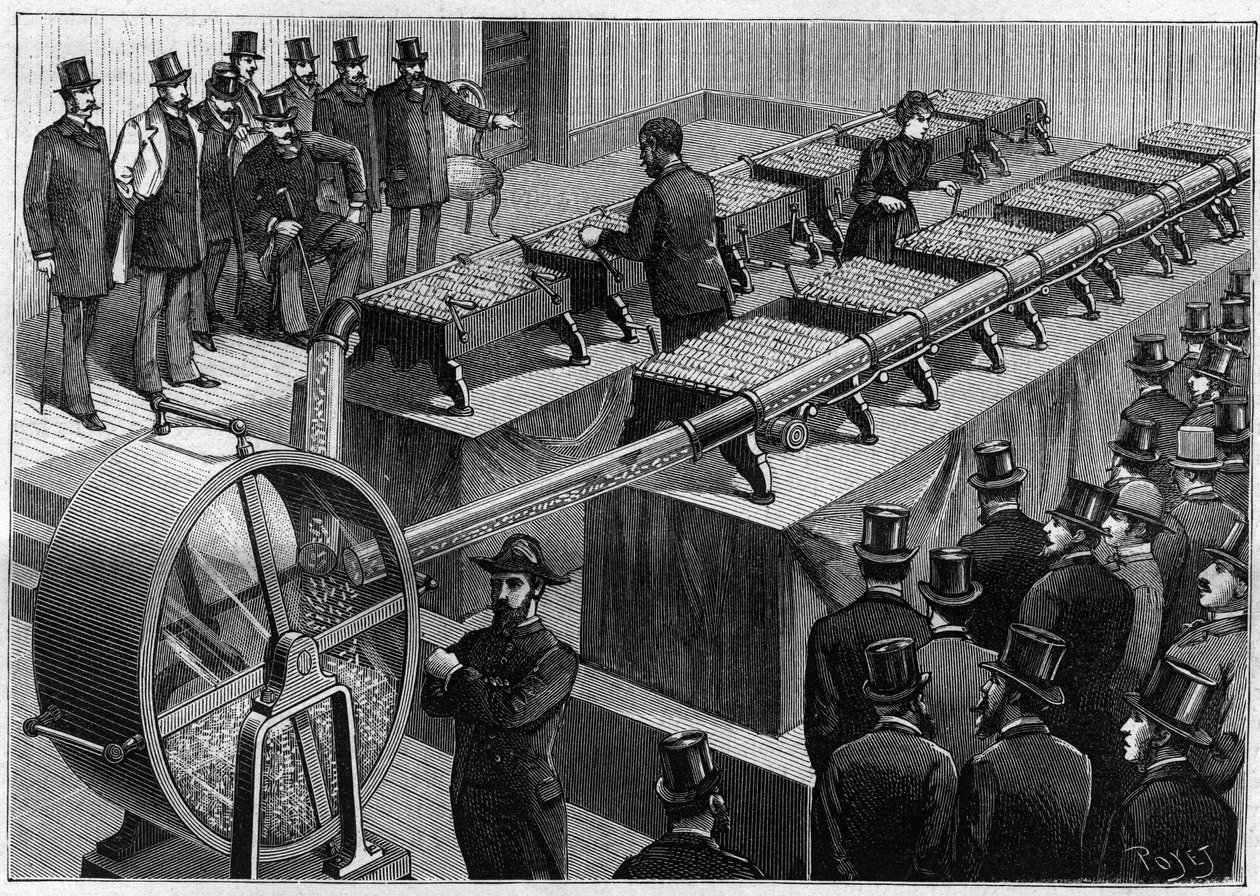 Die Ziehung von Wertpapieren (System der Rückzahlung von Darlehen durch rückzahlbare Anleihen): ein Überblick über das Zahlenrad einer Ziehung, durch zwölf Casanova-Maschinen, die gleichzeitig arbeiten. Gravur in „La Nature. Revue des sciences et de ses ap von French School