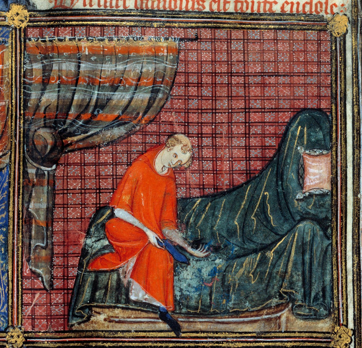 Der Traum, Detail: Der Liebhaber kleidet sich an. Miniatur im „Roman de la rose“ von Jean de Meun, Jean de Meung oder Jean Chopinel, Jean Clopinel (ca. 1240-1305), um 1370. von French School