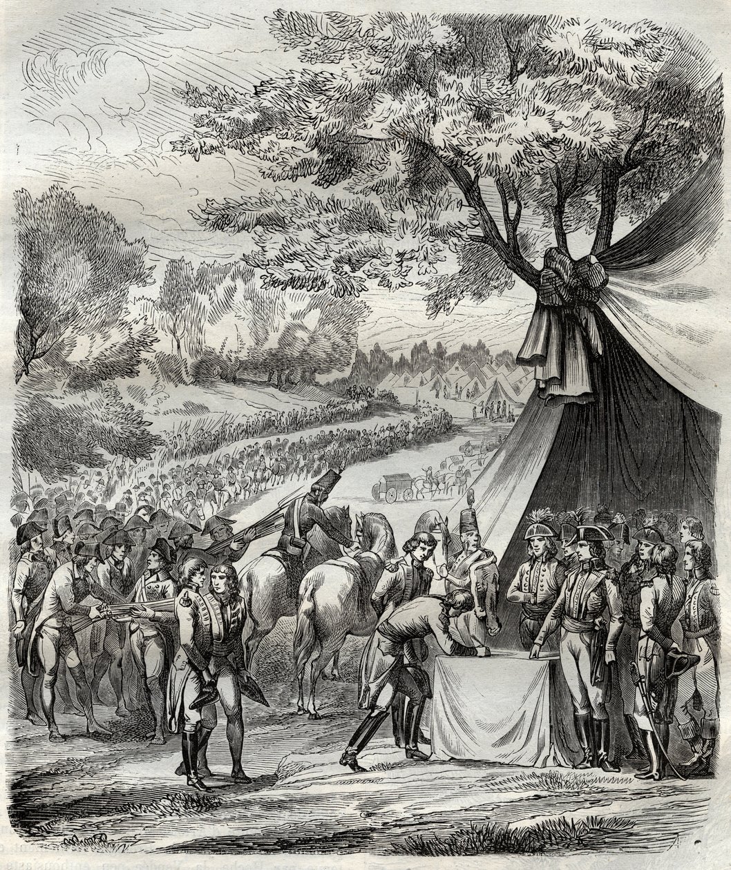 Das Ende des Vendée-Krieges - Hoche unterzeichnet einen Vertrag mit den Bretonen - Französische Revolution - Die Befriedung der Vendée - Abkommen von La Mabilais, 20. April 1795 - unterzeichnet zwischen General Hoche und den Anführern der Chouans - Unterze von French School