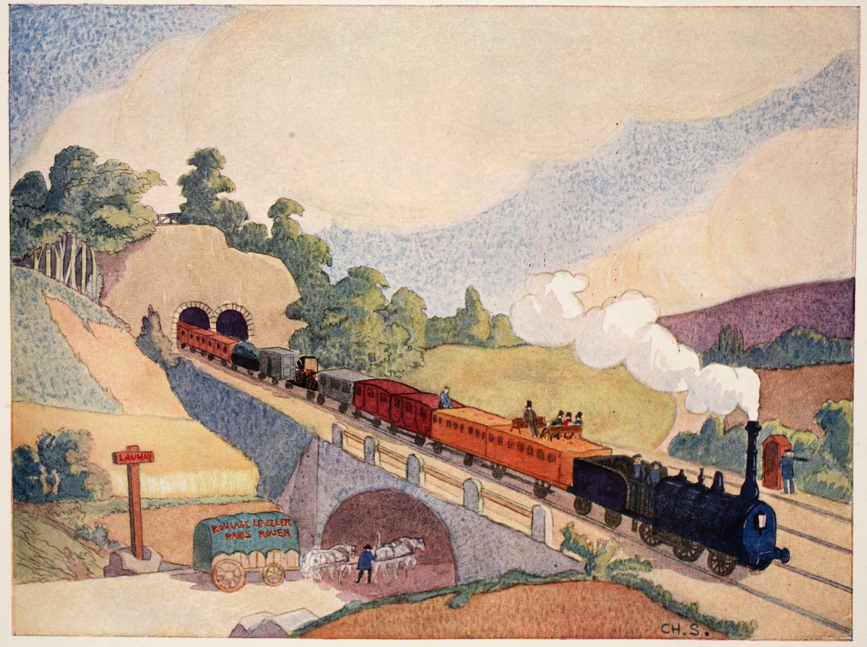 Die erste Eisenbahn von Paris nach Rouen, Kopie einer Briefmarke von 1837, von M. Charles Sanlaville, Illustration aus Histoire de la Nation Francaise, von Gabriel Hanotaux, 1924 von French School