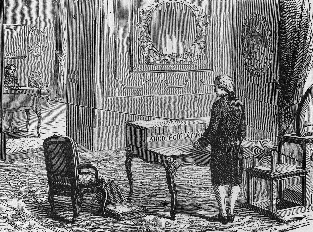 Der erste elektrische Telegraph (Gerät von Georges Lesage), Genf 1760. In „Album de la Science“, Éditions Jouvet von French School