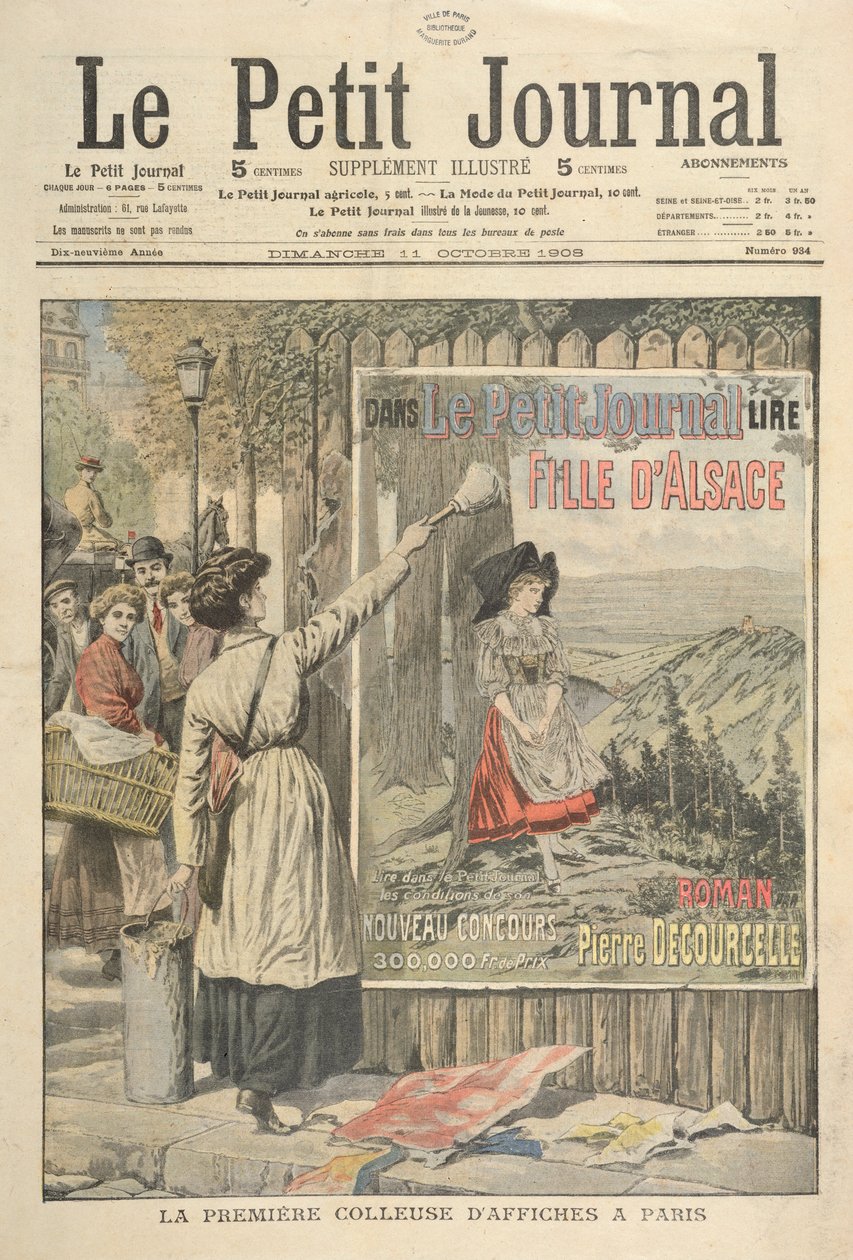 Die erste weibliche Plakatkleberin in Paris, aus Le Petit Journal, 11. Oktober 1906 von French School