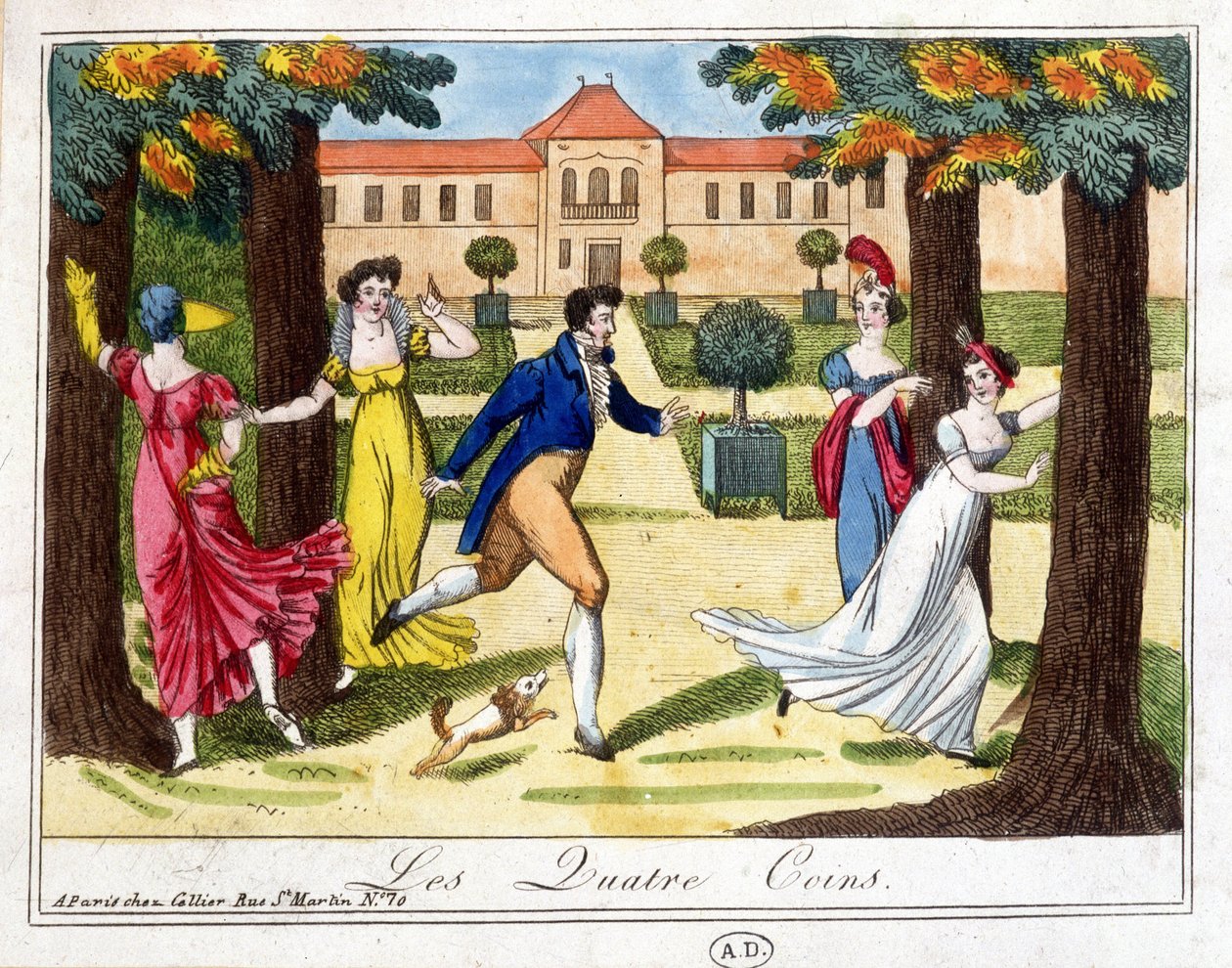 Das Spiel der vier Ecken. Gravur Anfang des 19. Jahrhunderts von French School