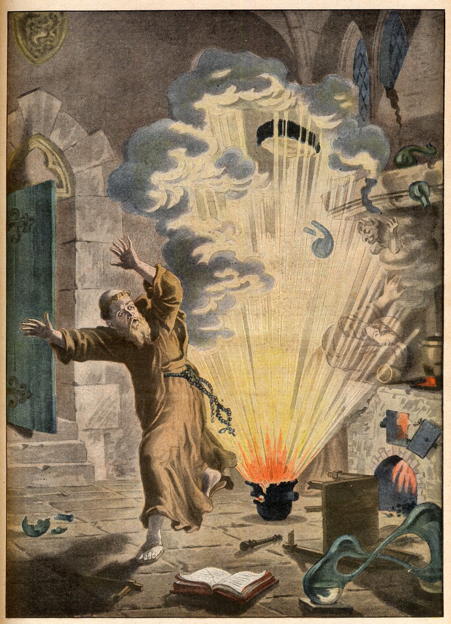 Die Erfindung des Schießpulvers durch den deutschen Mönch und Alchemisten Berthold Schwartz (ca. 1318-1384) - Berühmte Erfindungen. Das Pulver. Illustration für Le petit Journal, 27. Januar 1901. von French School