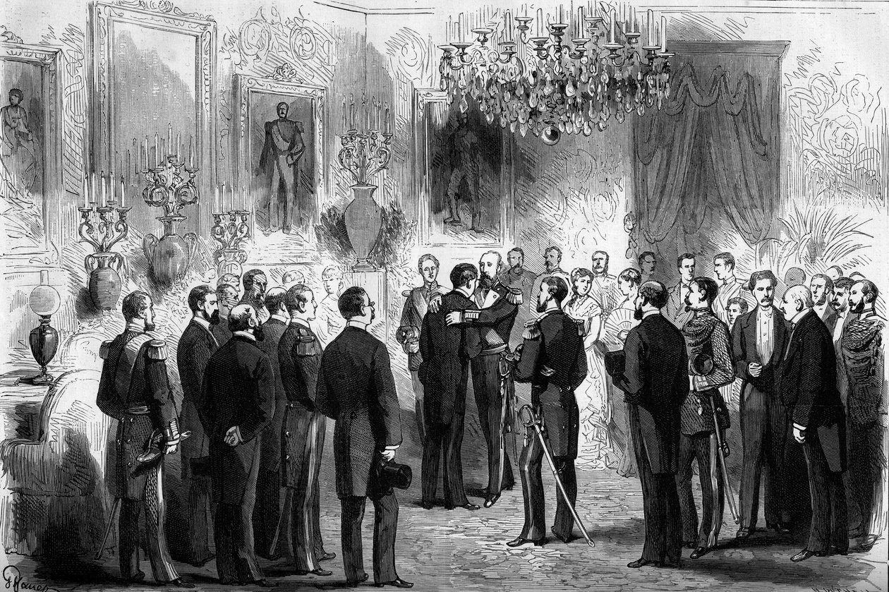 Der König von Schweden Oscar II (1829-1907) empfängt die Entdecker Nils Adolf Erik Baron Nordenskjold (1832-1901) und Leutnant Palander im Königspalast in Stockholm. 1878 durchquerte Nordenskjold vom Atlantik zum Pazifik von French School