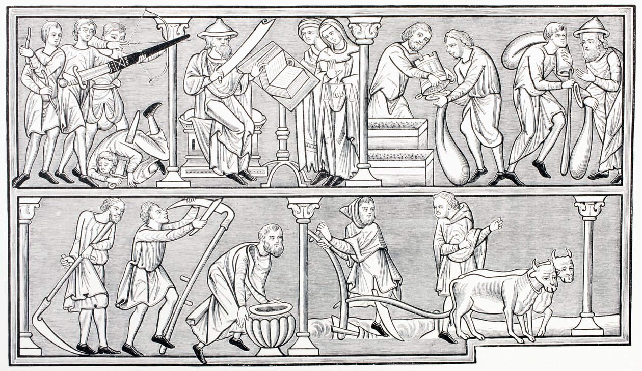 Die Arbeiten des Krieges, der Wissenschaft, des Handels und der Landwirtschaft, nach einer Miniatur in einem Psalter aus dem 13. Jahrhundert, aus Les Arts au Moyen Age, veröffentlicht 1873 von French School