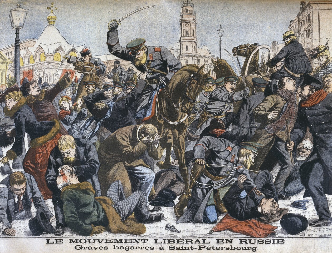 Die liberale Bewegung in Russland, heftige Auseinandersetzungen in St. Petersburg, Illustration aus Le Petit Journal: Supplement illustre, 25. Dezember 1904 von French School