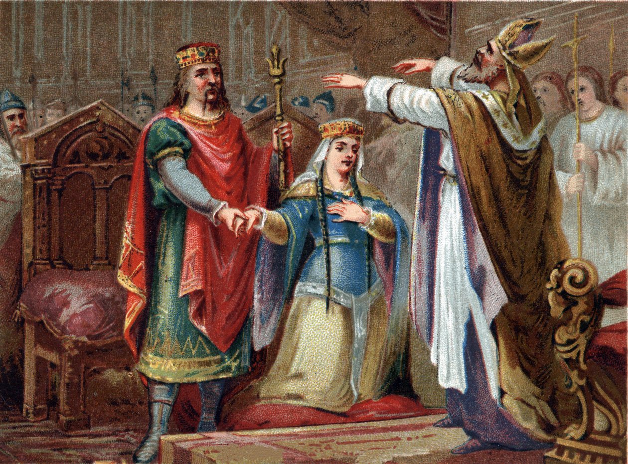 Die Hochzeit von Clovis (481-511) König der Franken mit Clothilde im Jahr 493. Chromolithographie aus dem späten 19. Jahrhundert. von French School
