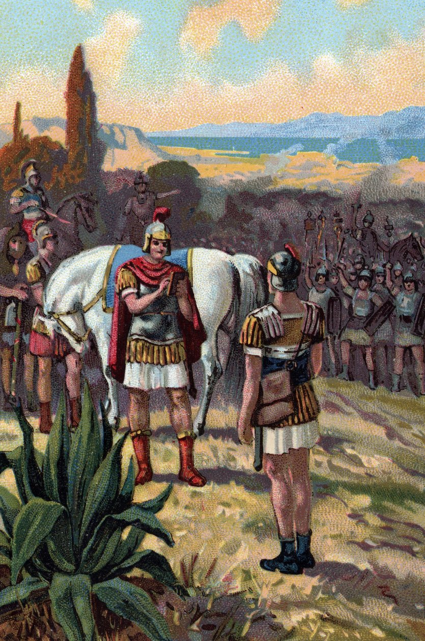 Das Treffen von Julius Caesar (100-44 v. Chr.) und König Pharnakes II. von Pontus (97-47 v. Chr.) in der Schlacht von Zela im Jahr 47 v. Chr., bei dem Julius Caesar den Satz „Veni vidi vici“ aussprach von French School