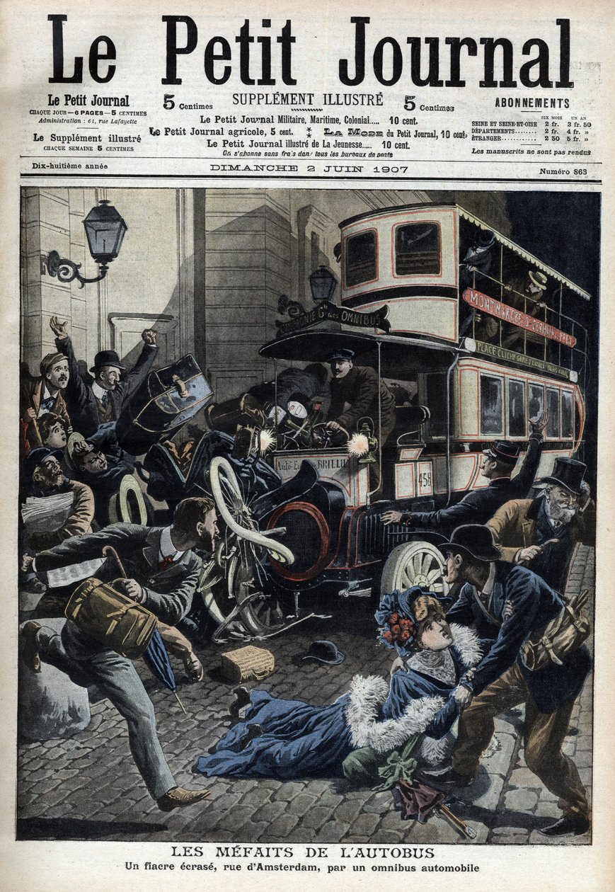Die Missgeschicke des Busses: ein Fiaker wird von einem Bus in der Pariser Straße von Amsterdam überfahren - „Le Petit Journal“, Juni 1907 (Gravur) von French School